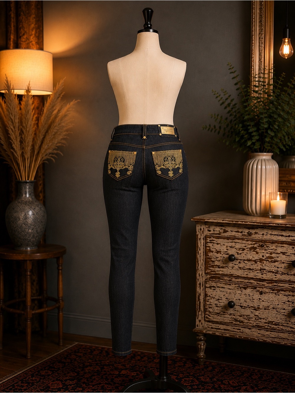 RocaWear Dark Indigo Women's Slim Jeans with Gold Embroidered Pockets